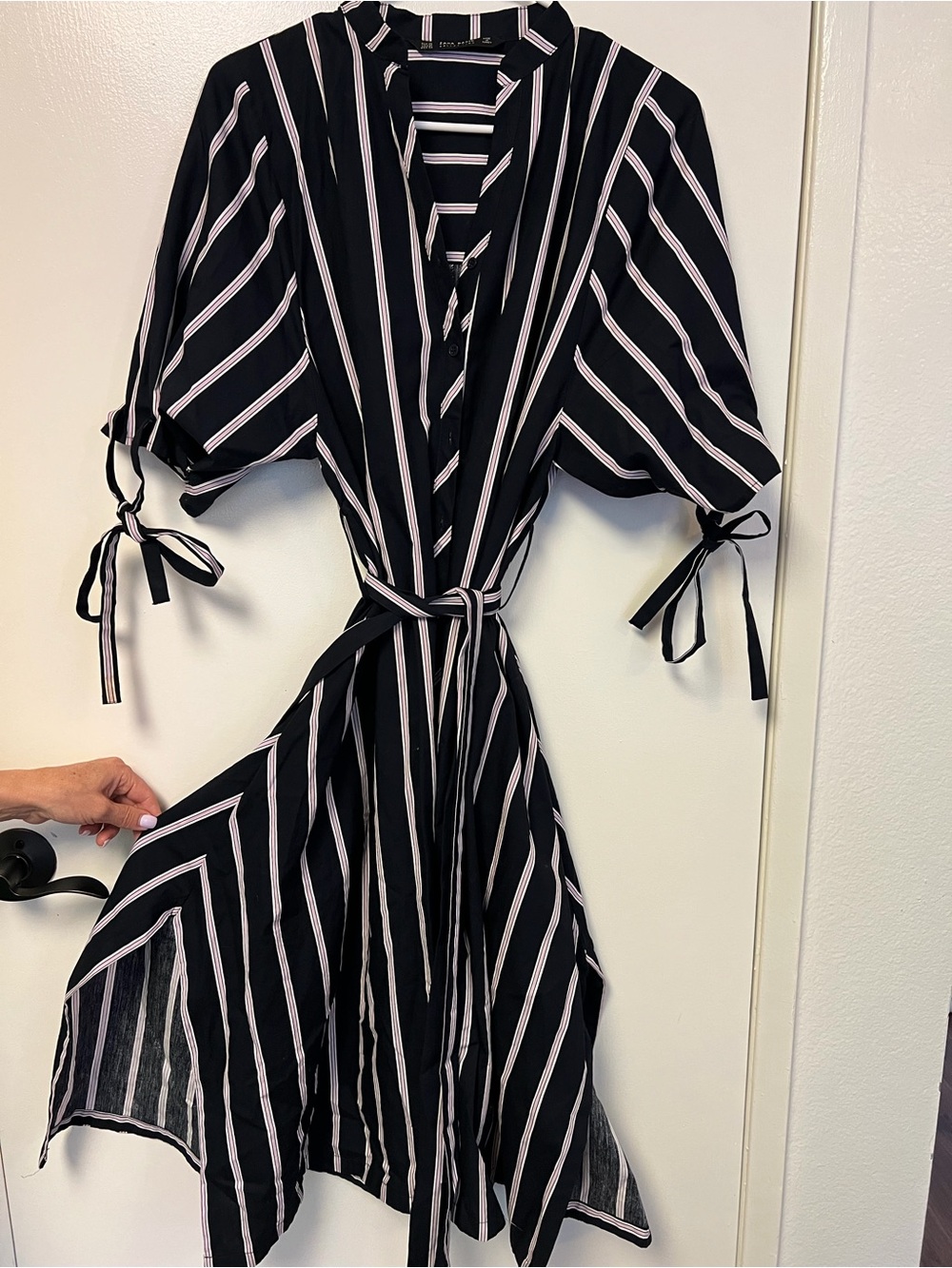 Zara Black and White Striped Tie-Waist Midi Dress